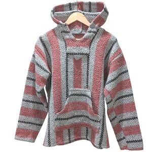 Baja Joe Drug Rug Mexican‎ Style Hoodie Pullover Striped Gray Red Small